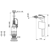 MP90, mécanisme de wc simple chasse à commande mécanique + robinet flotteur servo-valve latéral